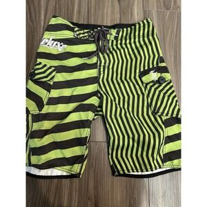 Fox Racing Deluxe Boardshorts Mens 28 Green Black Striped Y2K Skater Surf Trunks